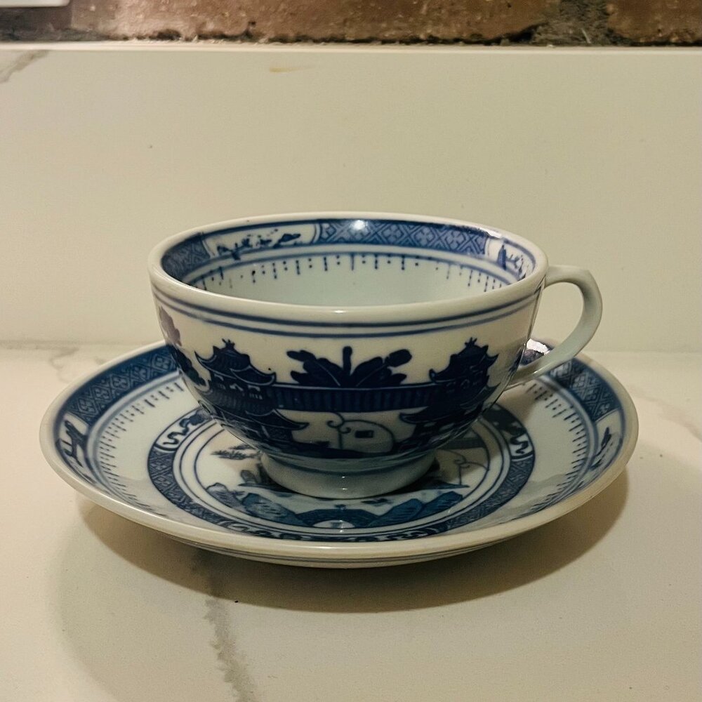 Vintage Canton Style Blue Teacup and Saucer